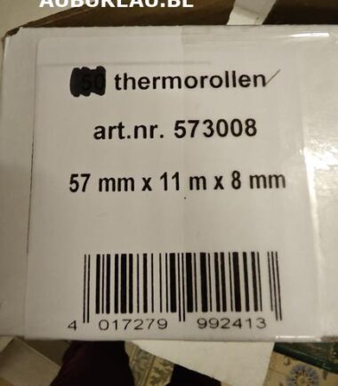 BOBINE THERMIQUE, FT 57 MM, DIAMÈTRE +-28 MM, MANDRIN 8 MM, LONGUEUR 11M, PACK DE 5 ROULEAUX, SANS BPA
Référence: 573008